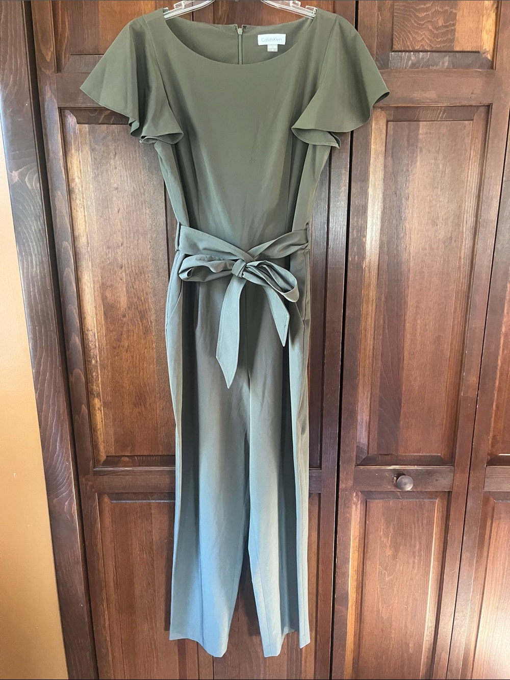 Calvin Klein Olive Jumpsuit with Flutter Sleeves and Tie Waist